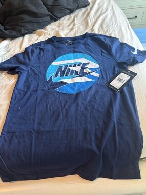 Nike Navy Graphic Logo Tee with Light Blue Print